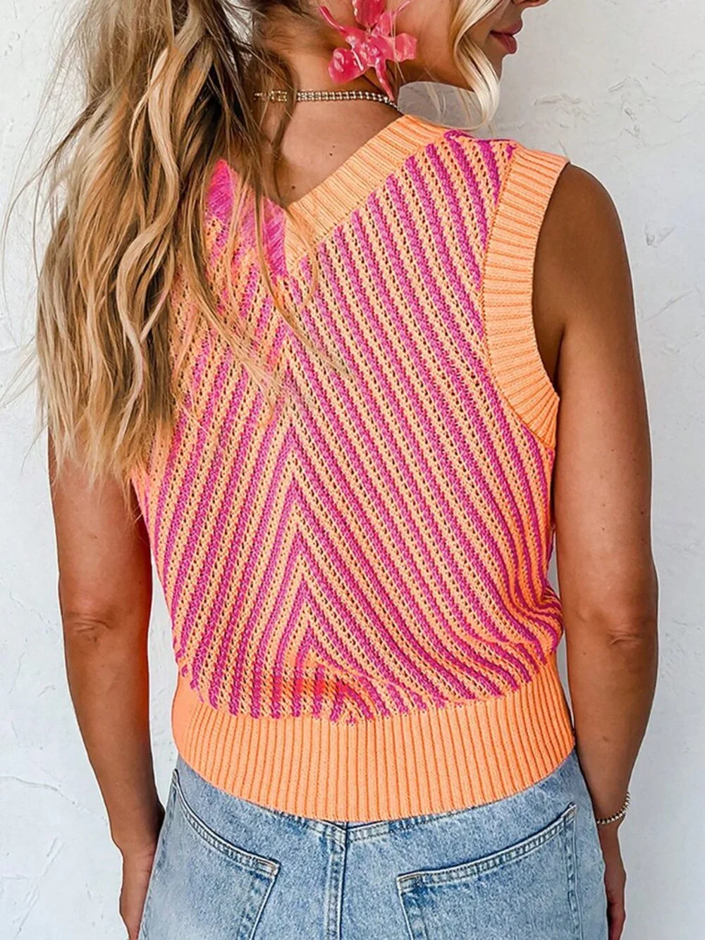 Multicolor Casual Women's Sleeveless V-Neck Striped Knit Vest